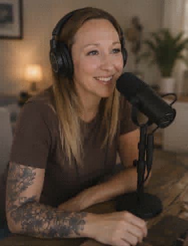 Angie mit Kopfhörern am Mikrofon